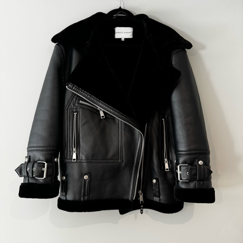 Rebecca Minkoff Black Leather Shearling Moto Jacket